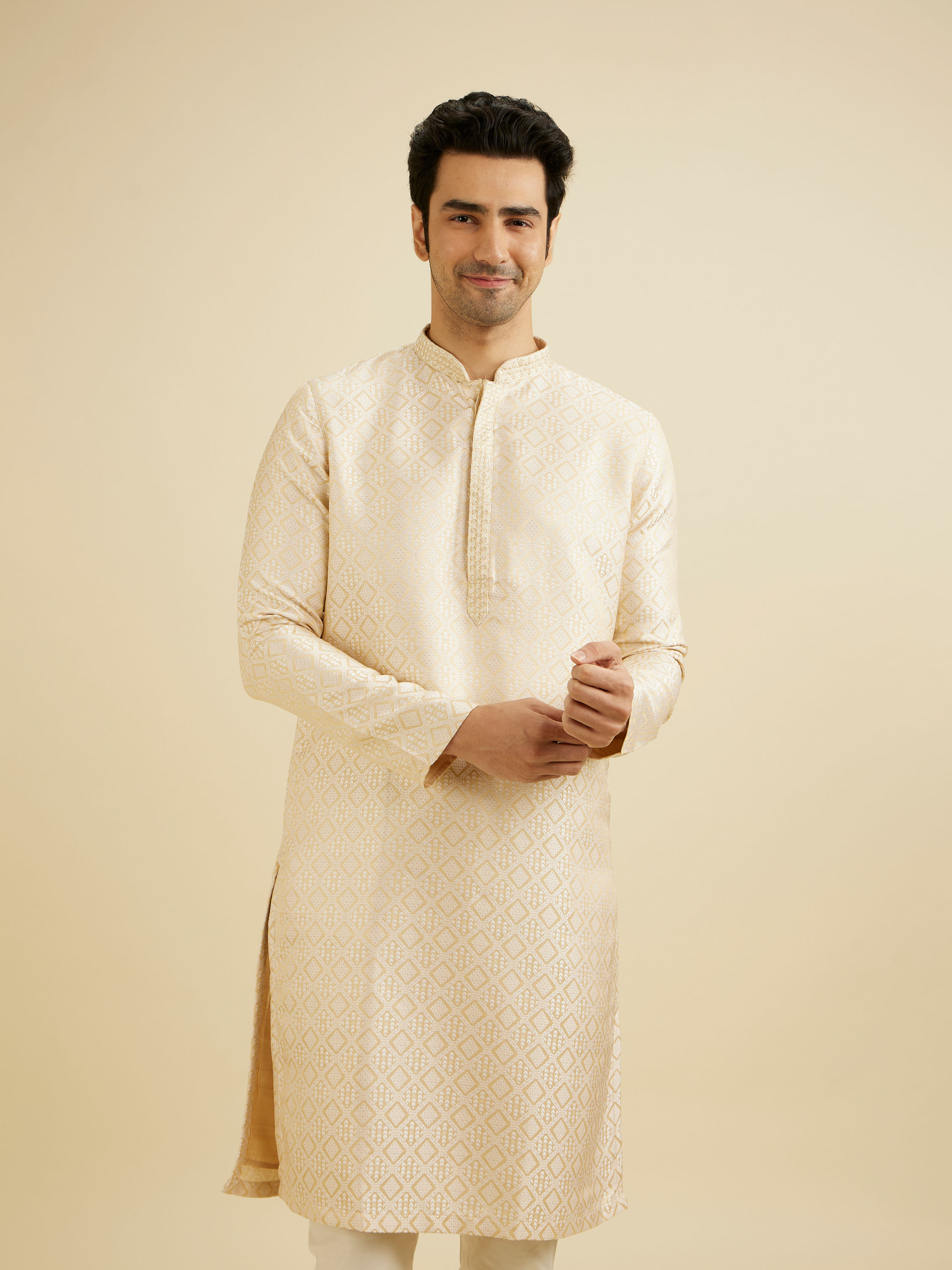 Manyavar Men Cream Beige Geometric Patterned Kurta Set with Mirror Work