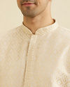 Manyavar Men Cream Beige Geometric Patterned Kurta Set with Mirror Work