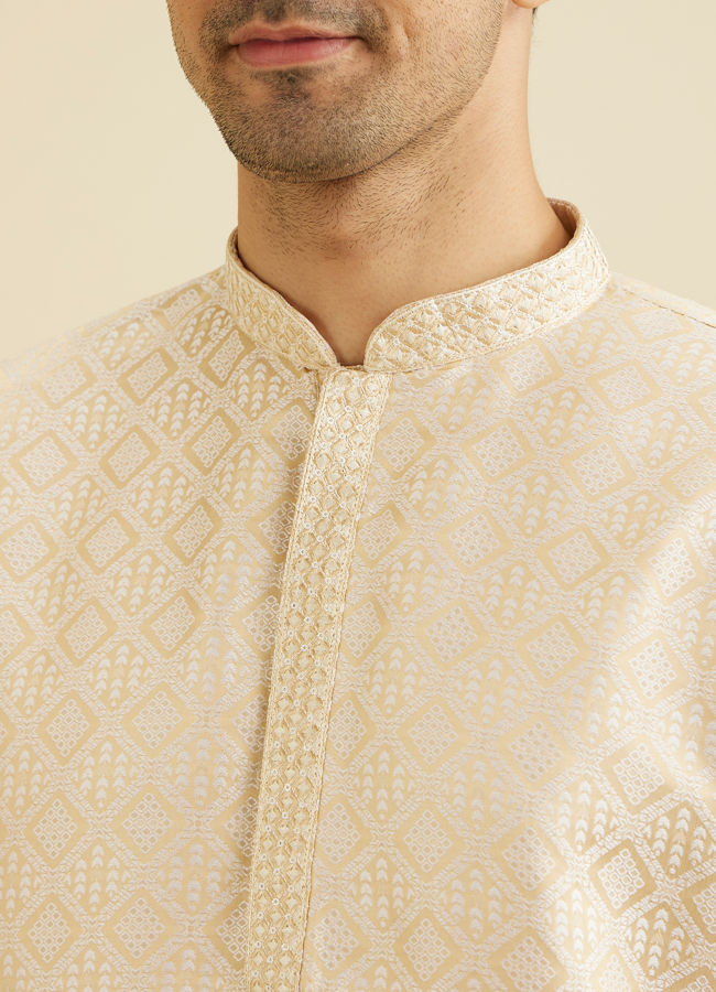 Manyavar Men Cream Beige Geometric Patterned Kurta Set with Mirror Work