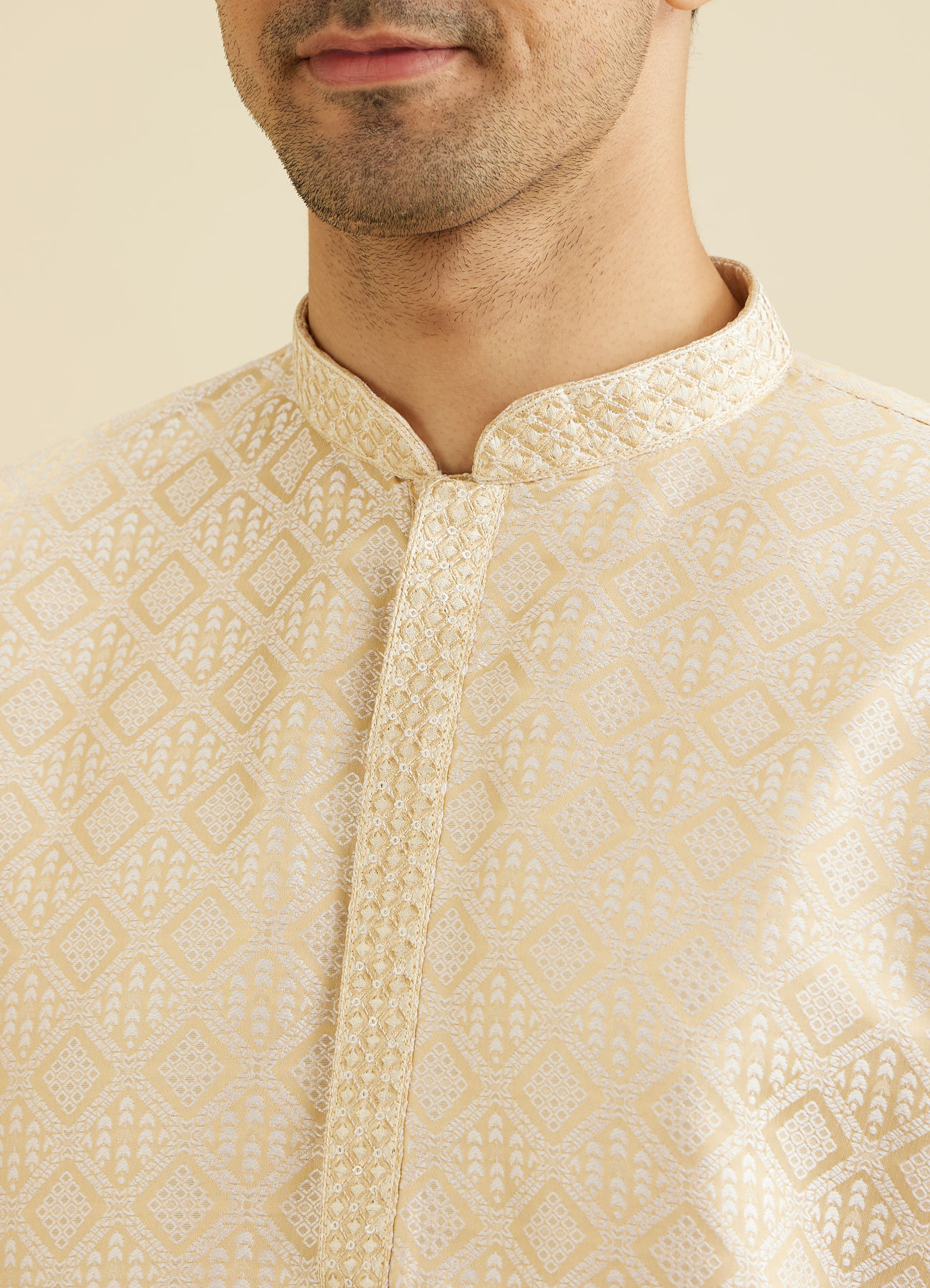 Manyavar Men Cream Beige Geometric Patterned Kurta Set with Mirror Work