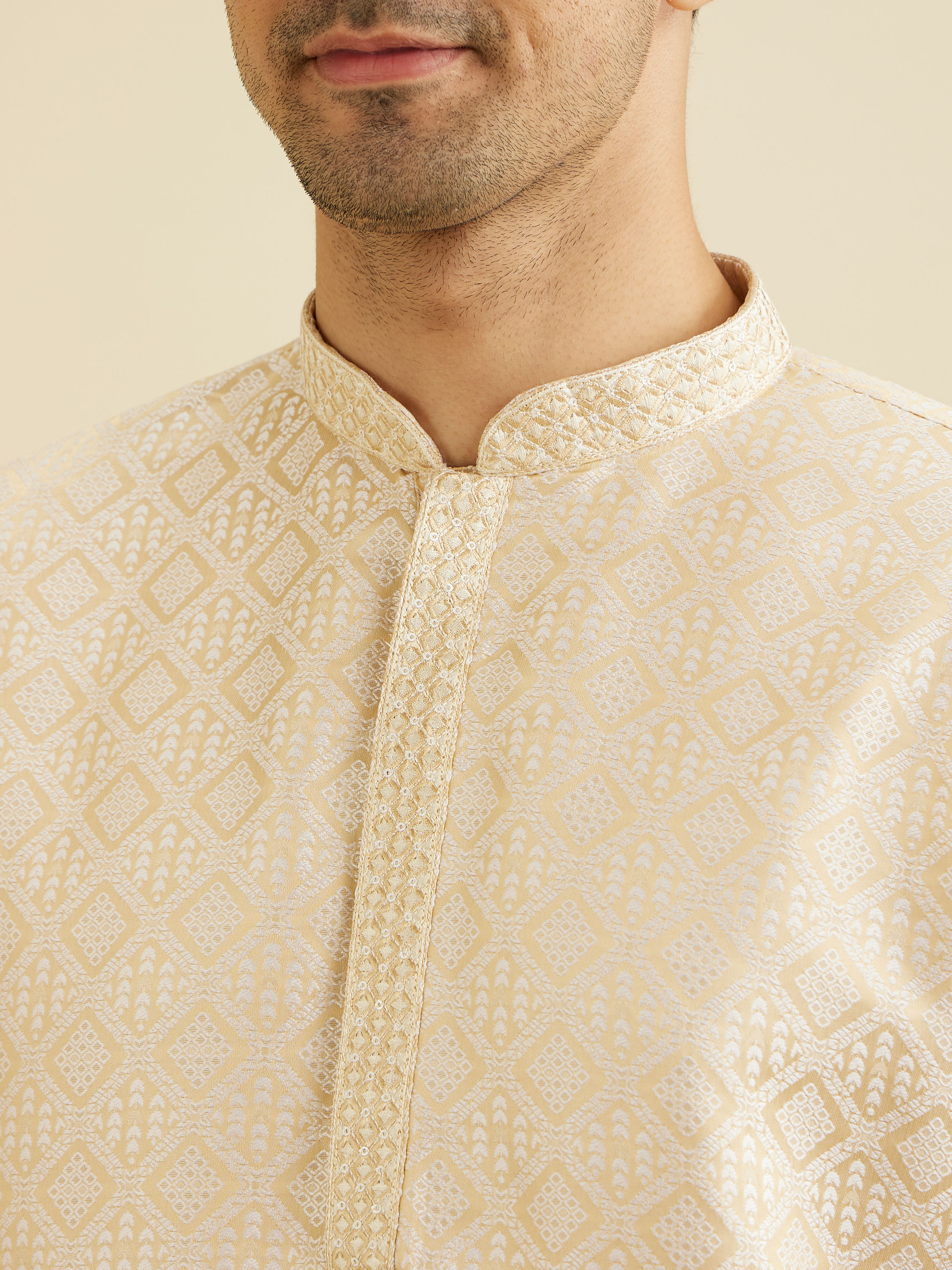 Manyavar Men Cream Beige Geometric Patterned Kurta Set with Mirror Work