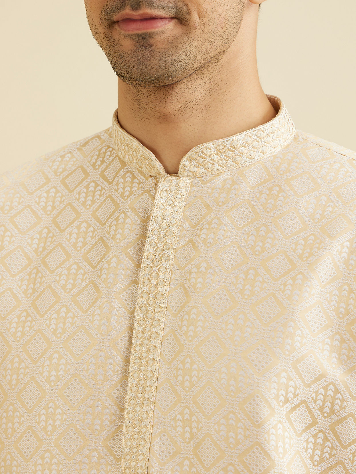 Manyavar Men Cream Beige Geometric Patterned Kurta Set with Mirror Work