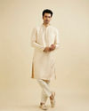 Manyavar Men Cream Beige Geometric Patterned Kurta Set with Mirror Work