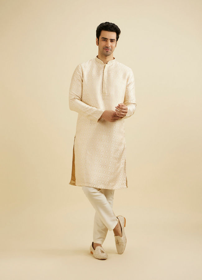 Manyavar Men Cream Beige Geometric Patterned Kurta Set with Mirror Work