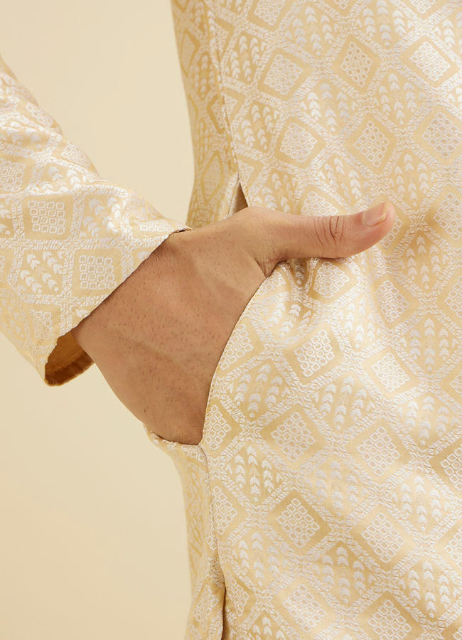 Manyavar Men Cream Beige Geometric Patterned Kurta Set with Mirror Work