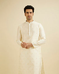 Manyavar Men Ivory Cream Lattice Patterned Kurta Set with Buta Motifs