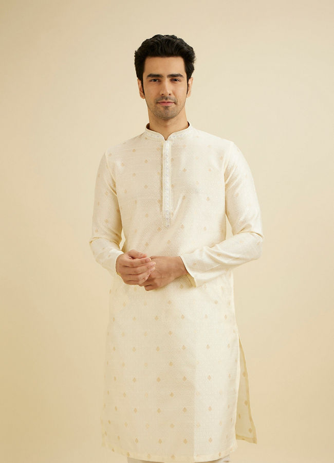 Manyavar Men Ivory Cream Lattice Patterned Kurta Set with Buta Motifs