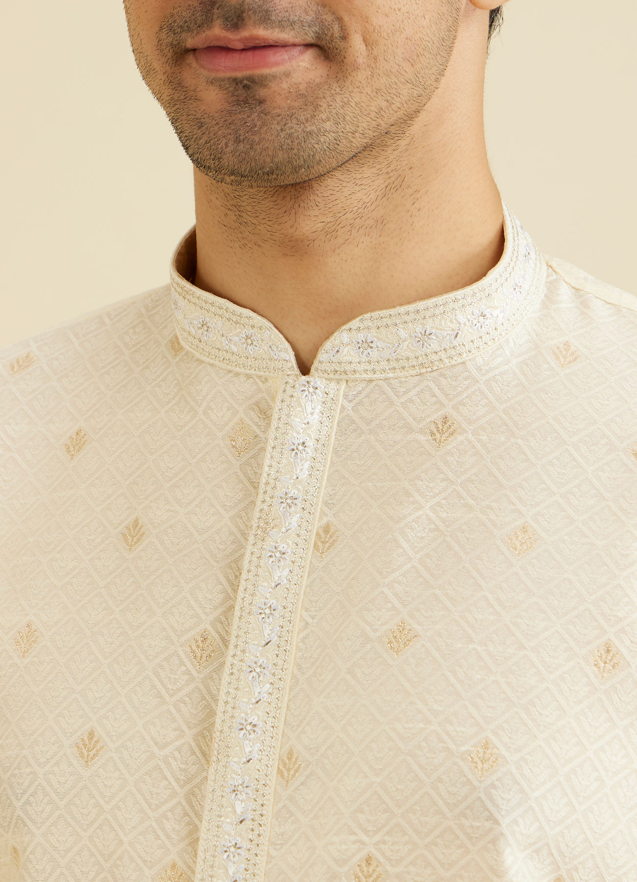 Manyavar Men Ivory Cream Lattice Patterned Kurta Set with Buta Motifs