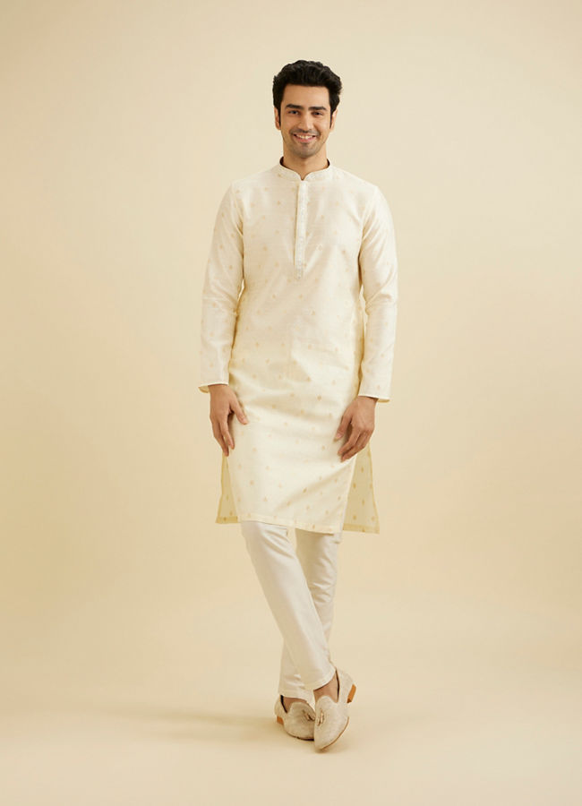 Manyavar Men Ivory Cream Lattice Patterned Kurta Set with Buta Motifs