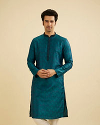 Manyavar Men Teal Green Jaal Patterned Kurta Set with Striped Collar