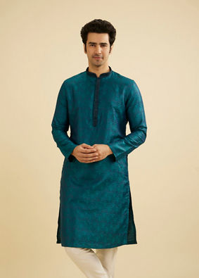 Manyavar Men Teal Green Jaal Patterned Kurta Set with Striped Collar