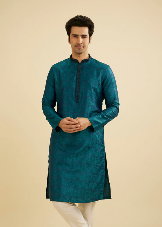 Manyavar Men Teal Green Jaal Patterned Kurta Set with Striped Collar