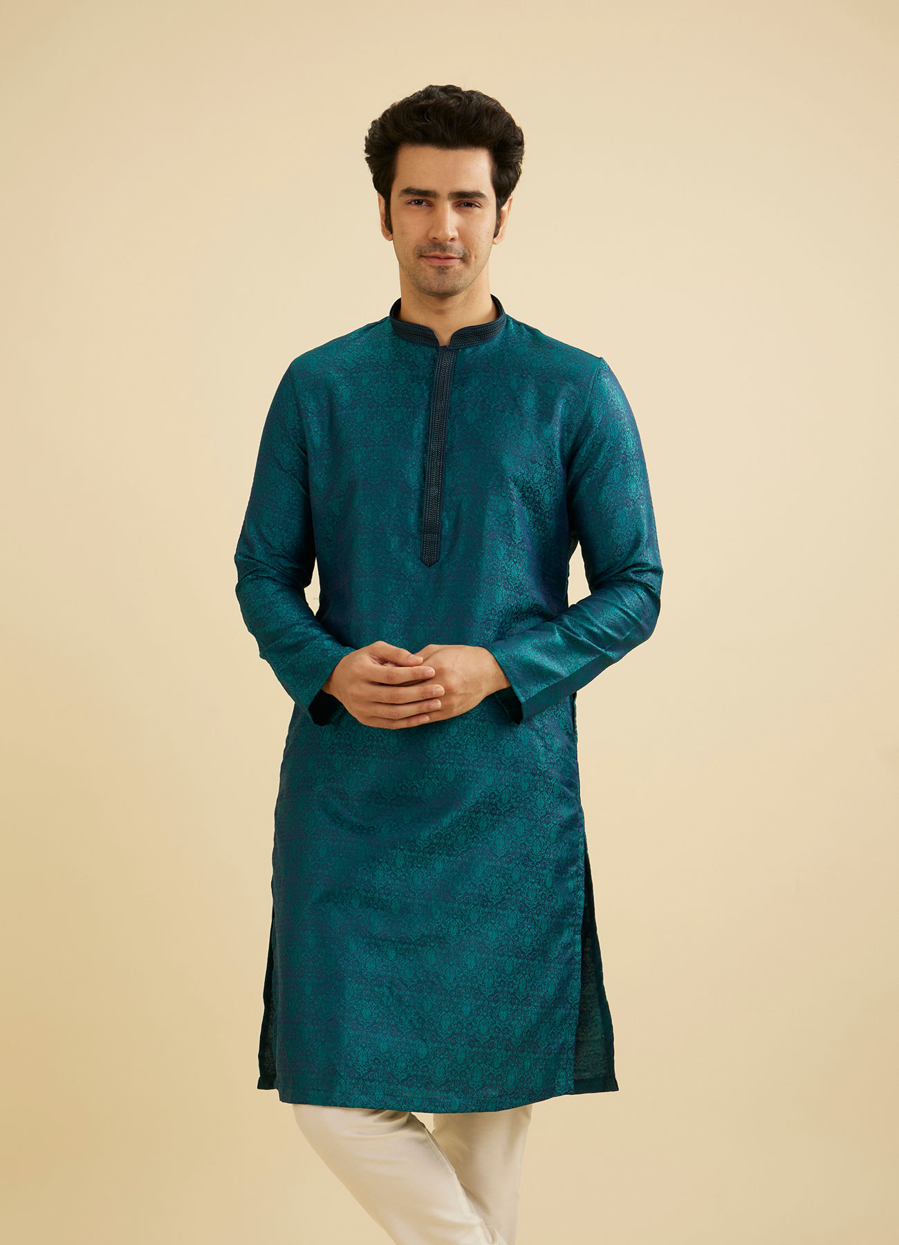 Manyavar Men Teal Green Jaal Patterned Kurta Set with Striped Collar