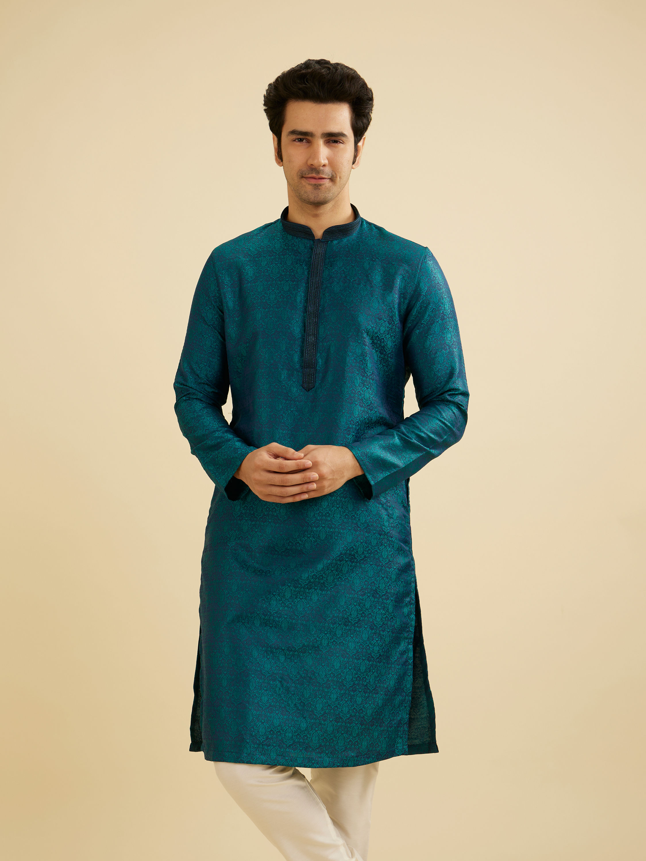 Manyavar Men Teal Green Jaal Patterned Kurta Set with Striped Collar