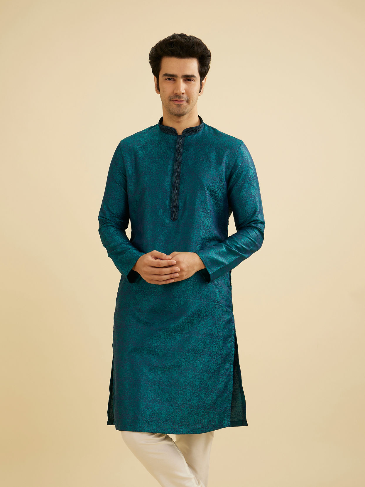 Manyavar Men Teal Green Jaal Patterned Kurta Set with Striped Collar