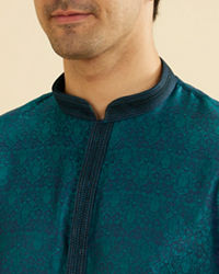 Manyavar Men Teal Green Jaal Patterned Kurta Set with Striped Collar