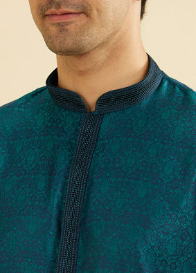 Manyavar Men Teal Green Jaal Patterned Kurta Set with Striped Collar