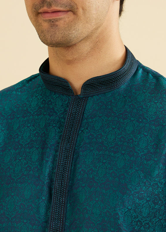 Manyavar Men Teal Green Jaal Patterned Kurta Set with Striped Collar