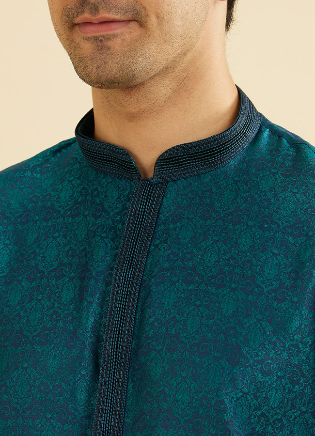 Manyavar Men Teal Green Jaal Patterned Kurta Set with Striped Collar