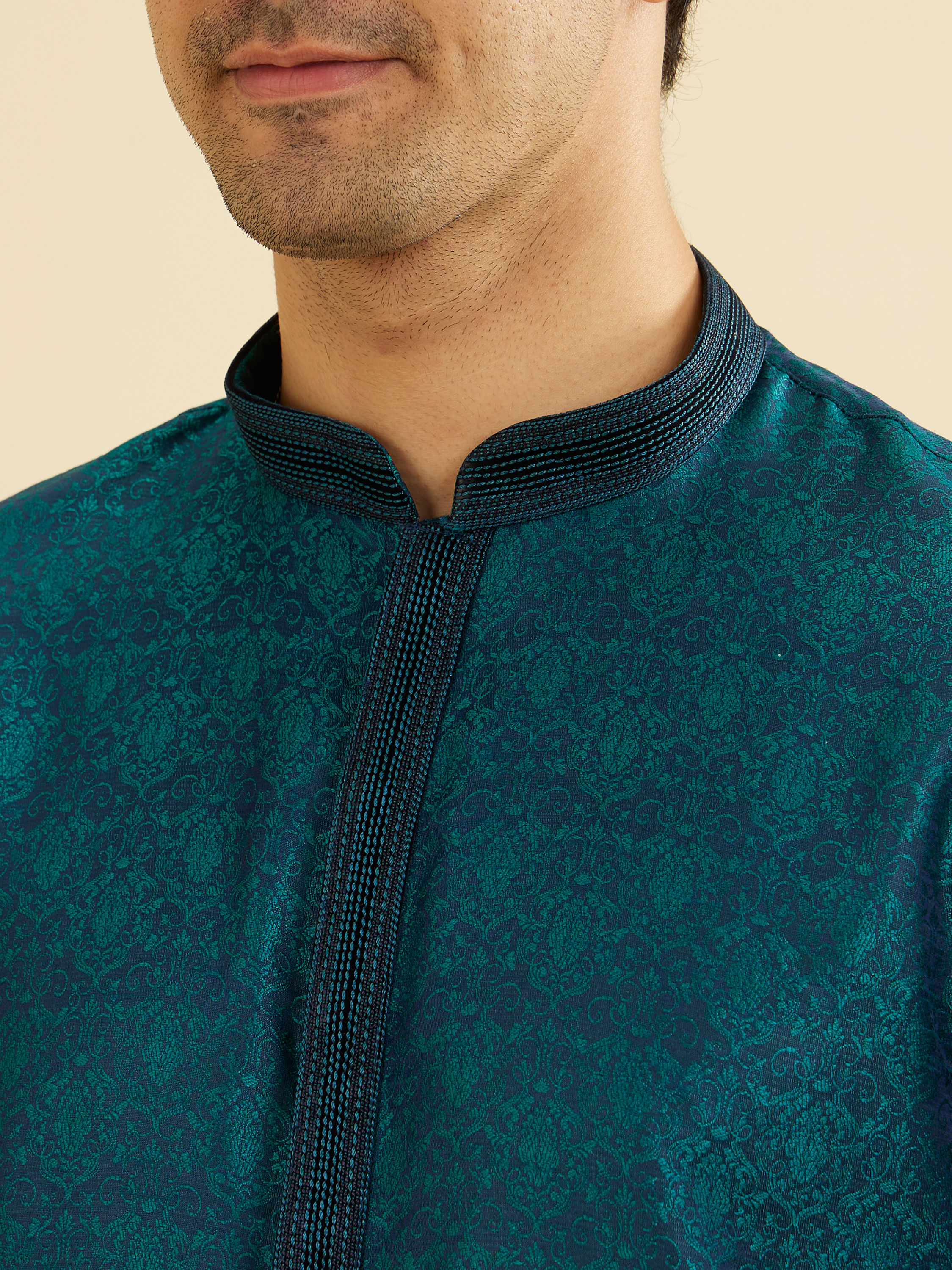 Manyavar Men Teal Green Jaal Patterned Kurta Set with Striped Collar