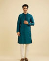 Manyavar Men Teal Green Jaal Patterned Kurta Set with Striped Collar