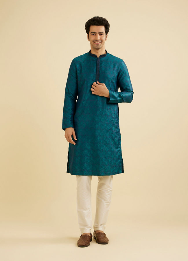 Manyavar Men Teal Green Jaal Patterned Kurta Set with Striped Collar