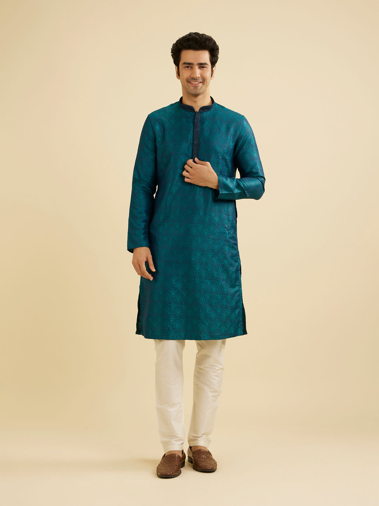 Manyavar Men Teal Green Jaal Patterned Kurta Set with Striped Collar