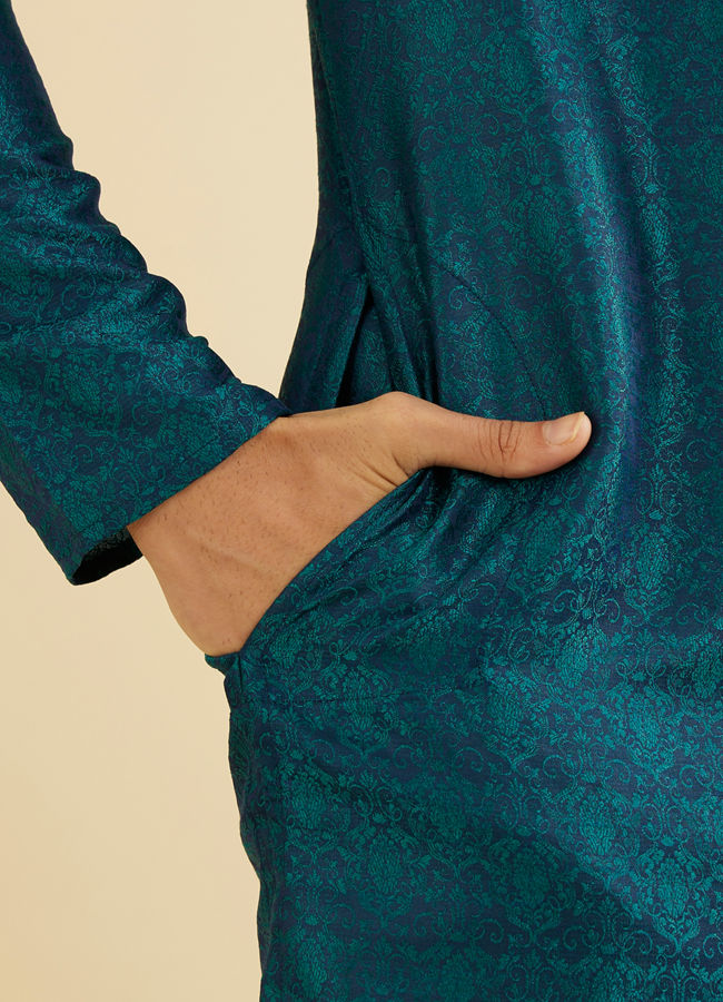 Manyavar Men Teal Green Jaal Patterned Kurta Set with Striped Collar