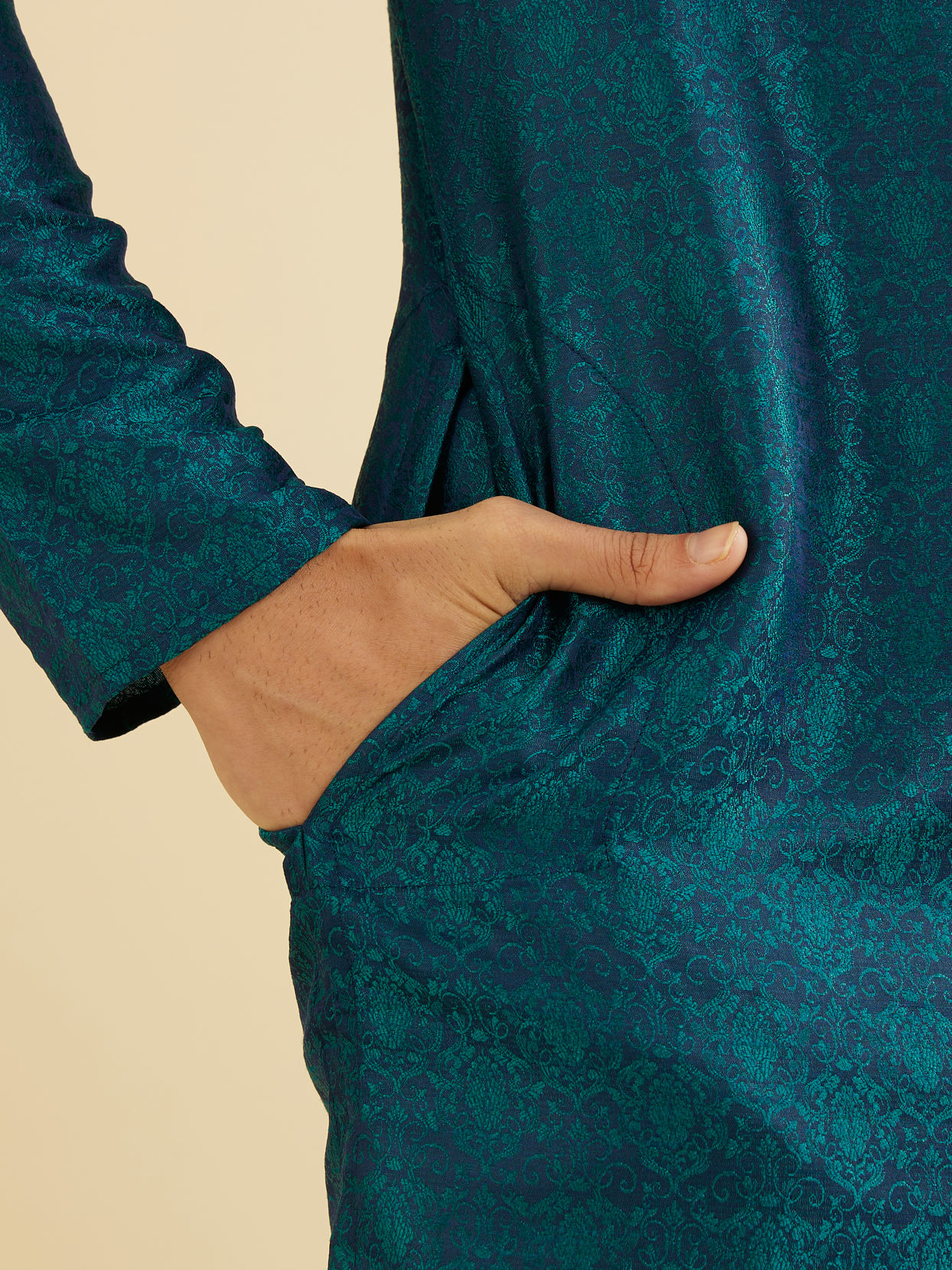 Manyavar Men Teal Green Jaal Patterned Kurta Set with Striped Collar