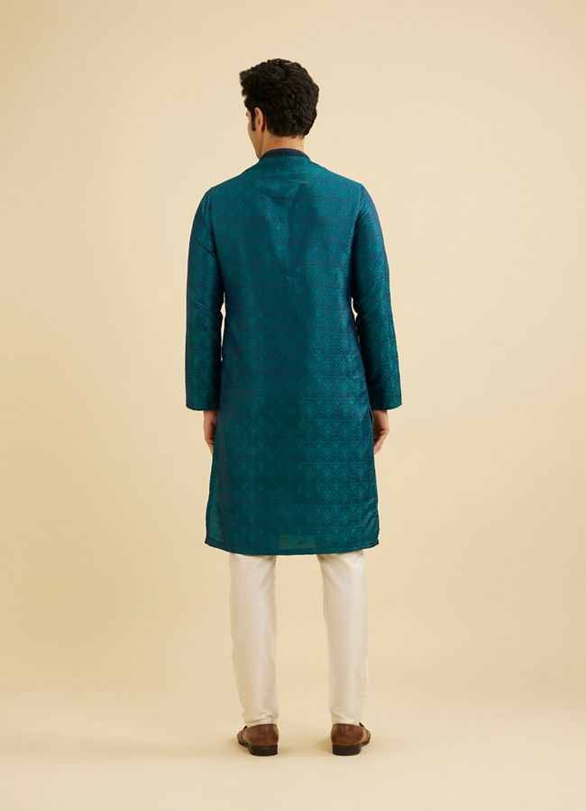 Manyavar Men Teal Green Jaal Patterned Kurta Set with Striped Collar