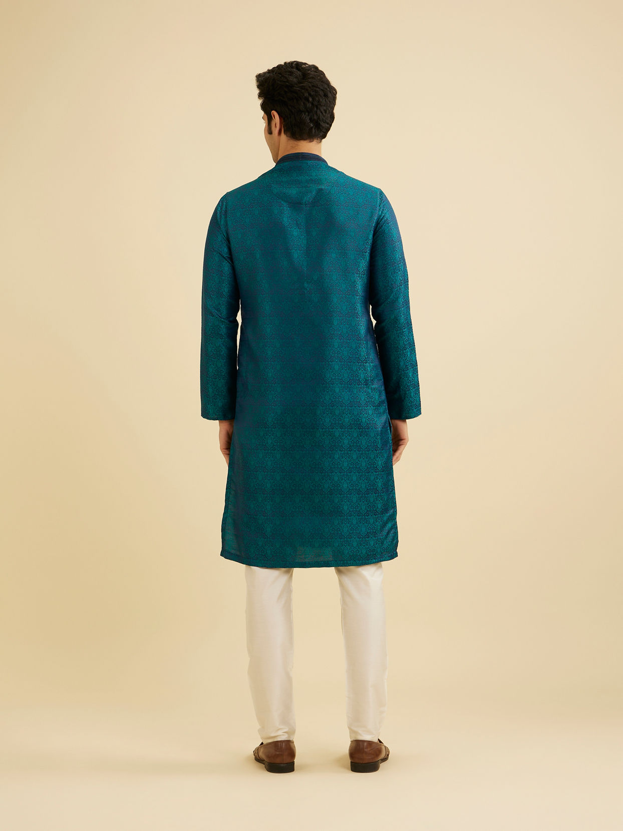 Manyavar Men Teal Green Jaal Patterned Kurta Set with Striped Collar