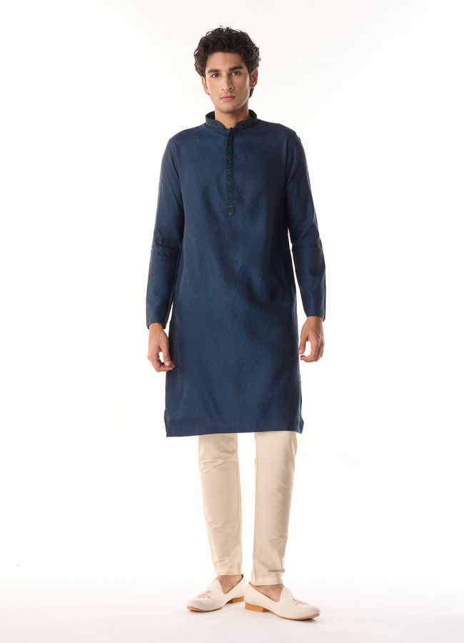 Manyavar Men French Navy Blue Self Textured Kurta Set with Sequinned Neckline