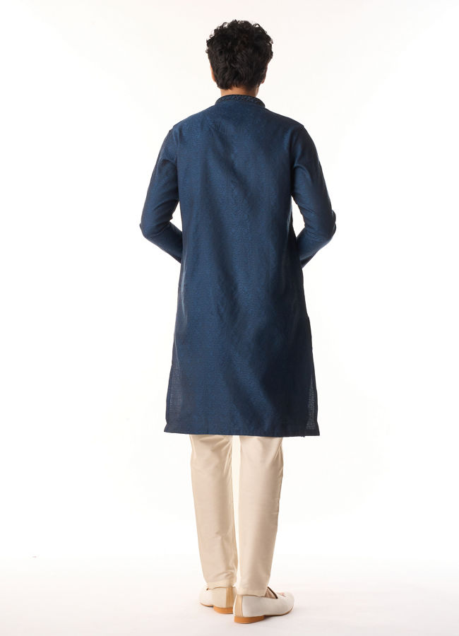 Manyavar Men French Navy Blue Self Textured Kurta Set with Sequinned Neckline