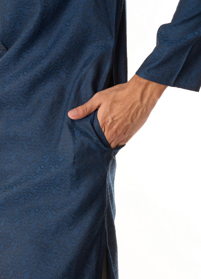 Manyavar Men French Navy Blue Self Textured Kurta Set with Sequinned Neckline