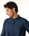 Manyavar Men French Navy Blue Self Textured Kurta Set with Sequinned Neckline