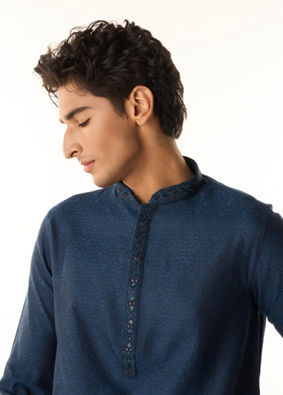 Manyavar Men French Navy Blue Self Textured Kurta Set with Sequinned Neckline