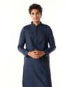 Manyavar Men French Navy Blue Self Textured Kurta Set with Sequinned Neckline