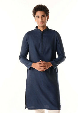 Manyavar Men French Navy Blue Self Textured Kurta Set with Sequinned Neckline