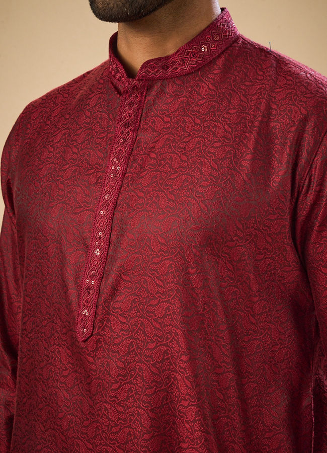Manyavar Men Enchanting Maroon Jacquard Kurta Pajama
