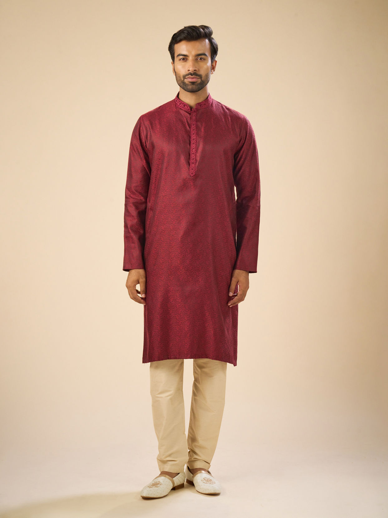 Manyavar Men Enchanting Maroon Jacquard Kurta Pajama