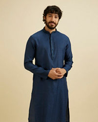 Manyavar Men French Navy Blue Self Textured Kurta Set with Sequinned Neckline