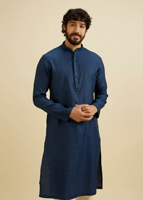 Manyavar Men French Navy Blue Self Textured Kurta Set with Sequinned Neckline