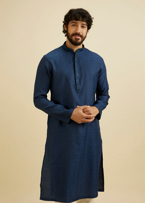 Manyavar Men French Navy Blue Self Textured Kurta Set with Sequinned Neckline