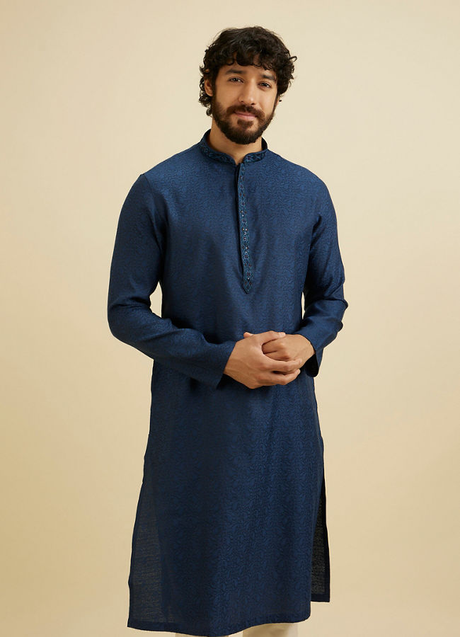 Manyavar Men French Navy Blue Self Textured Kurta Set with Sequinned Neckline