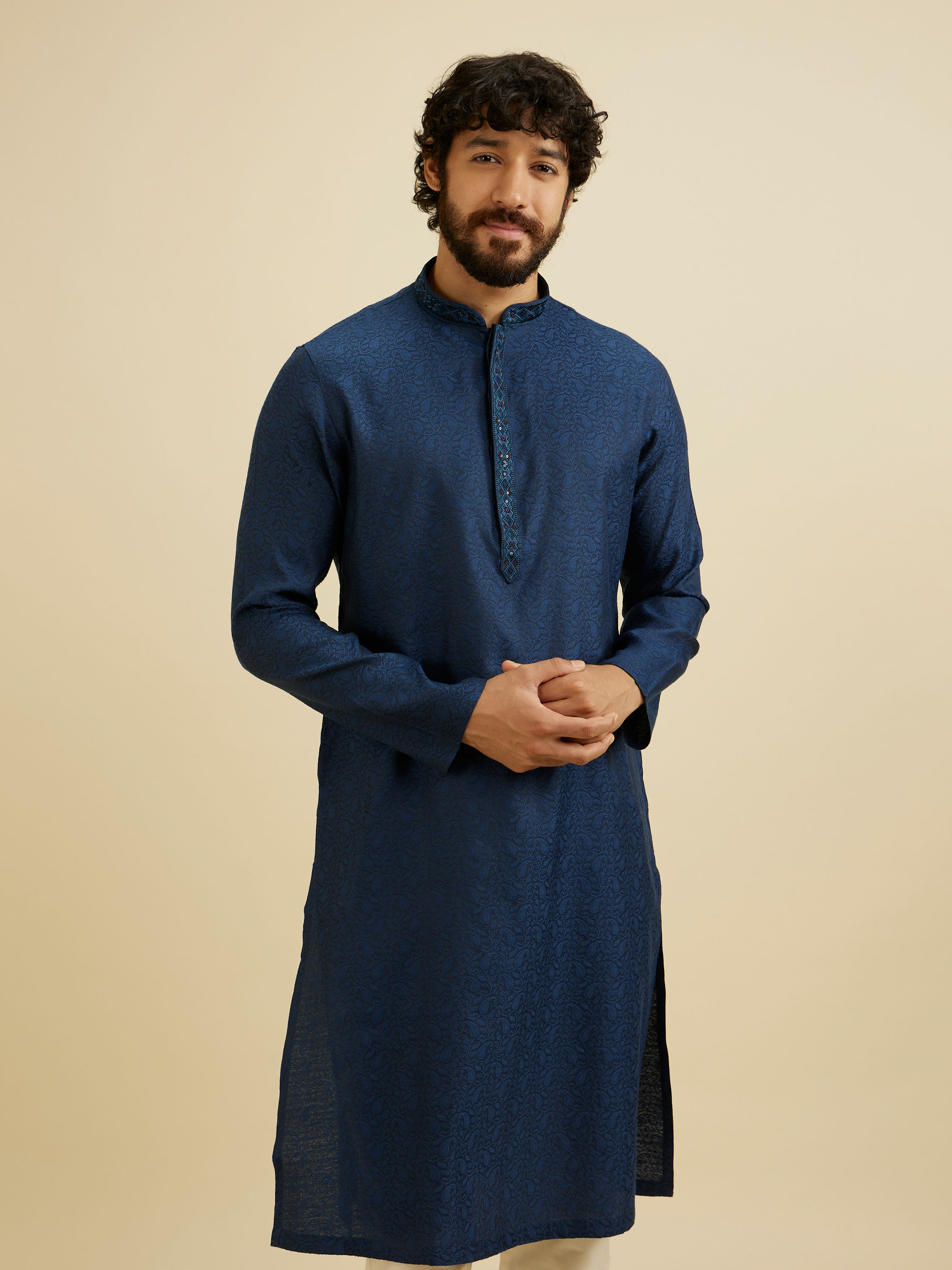 Manyavar Men French Navy Blue Self Textured Kurta Set with Sequinned Neckline