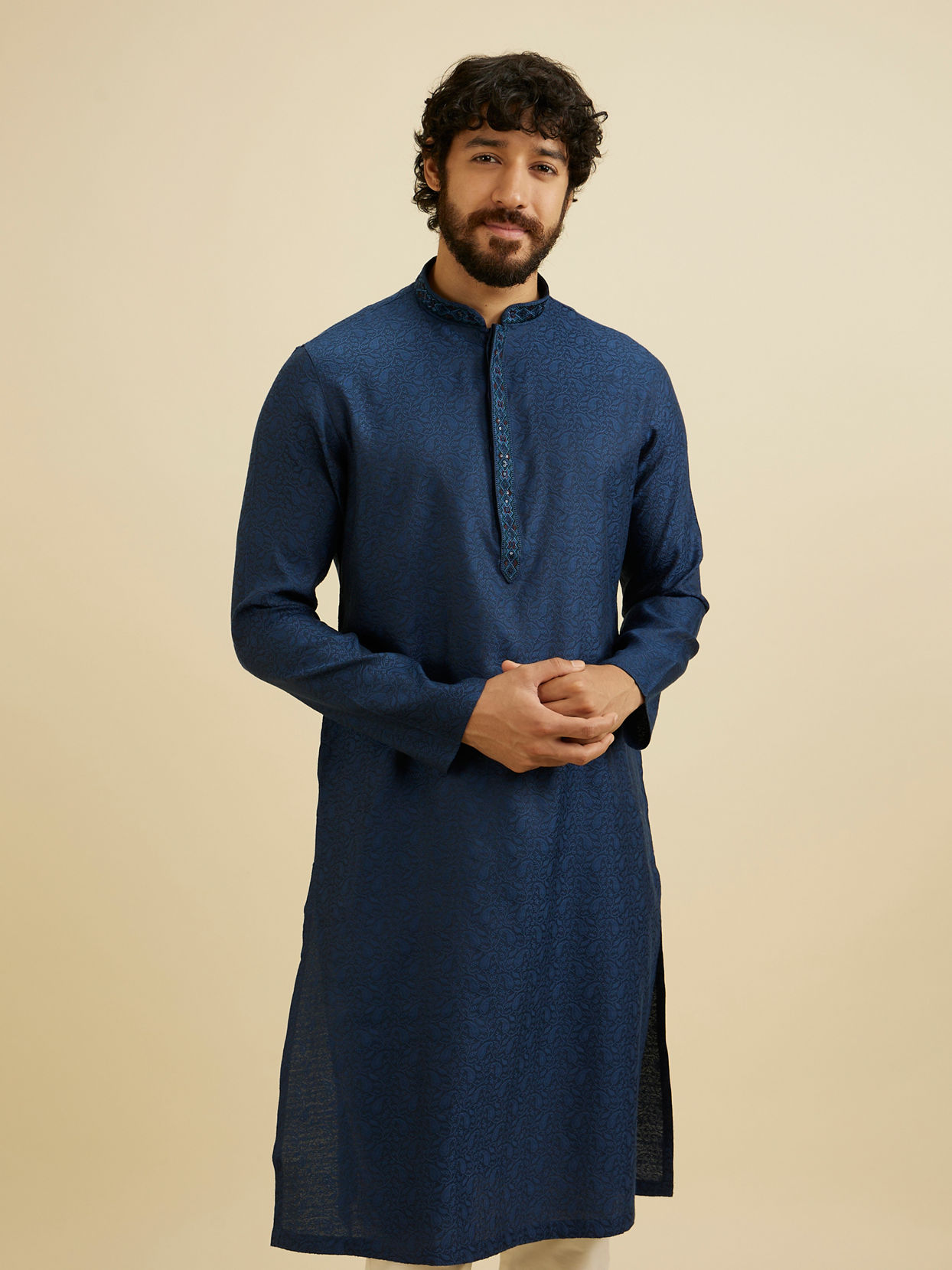 Manyavar Men French Navy Blue Self Textured Kurta Set with Sequinned Neckline