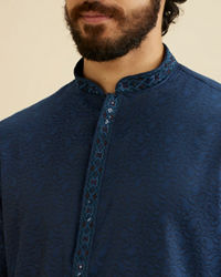 Manyavar Men French Navy Blue Self Textured Kurta Set with Sequinned Neckline