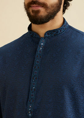 Manyavar Men French Navy Blue Self Textured Kurta Set with Sequinned Neckline