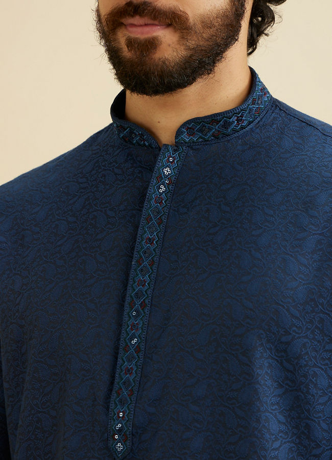 Manyavar Men French Navy Blue Self Textured Kurta Set with Sequinned Neckline