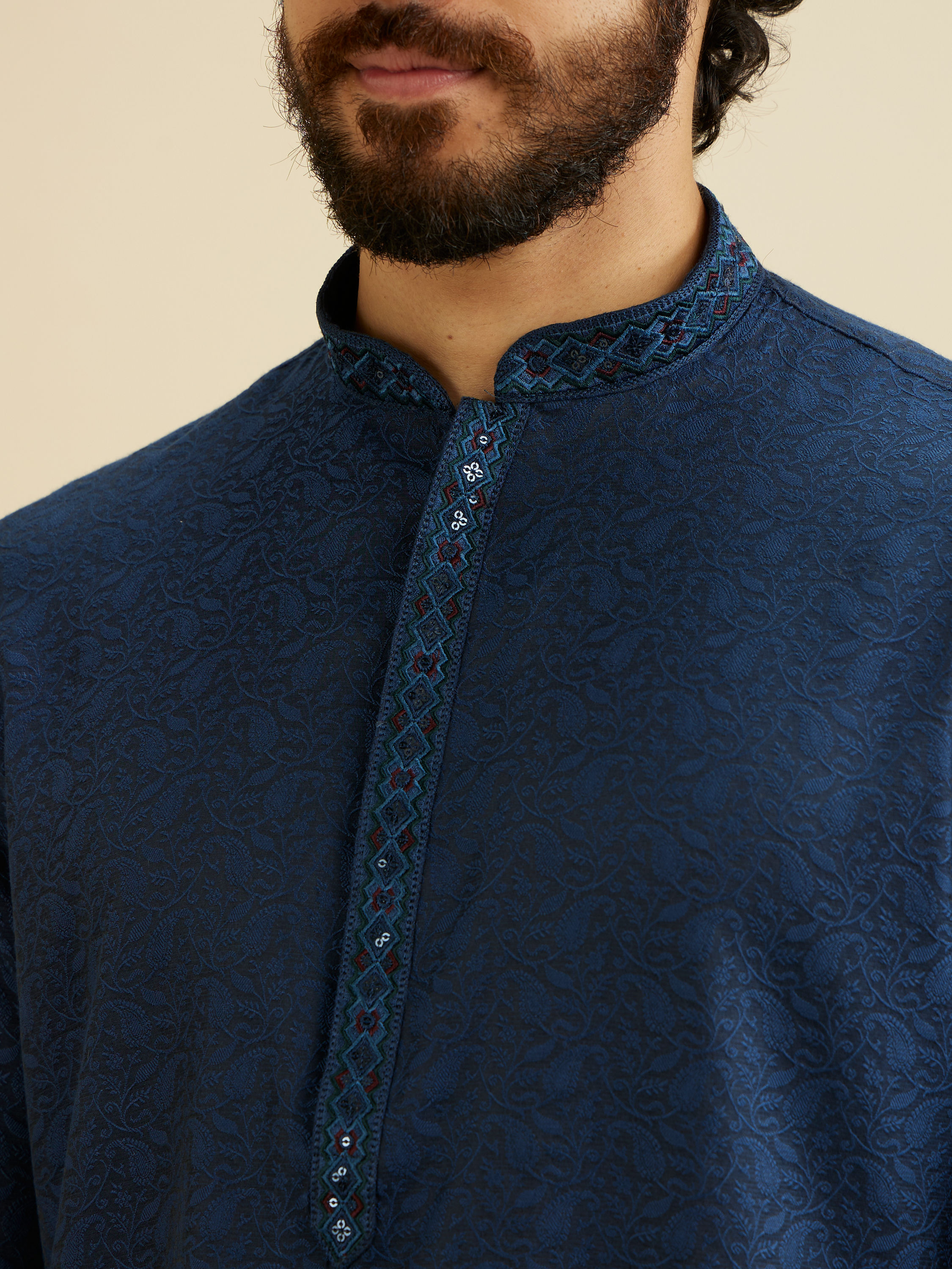 Manyavar Men French Navy Blue Self Textured Kurta Set with Sequinned Neckline